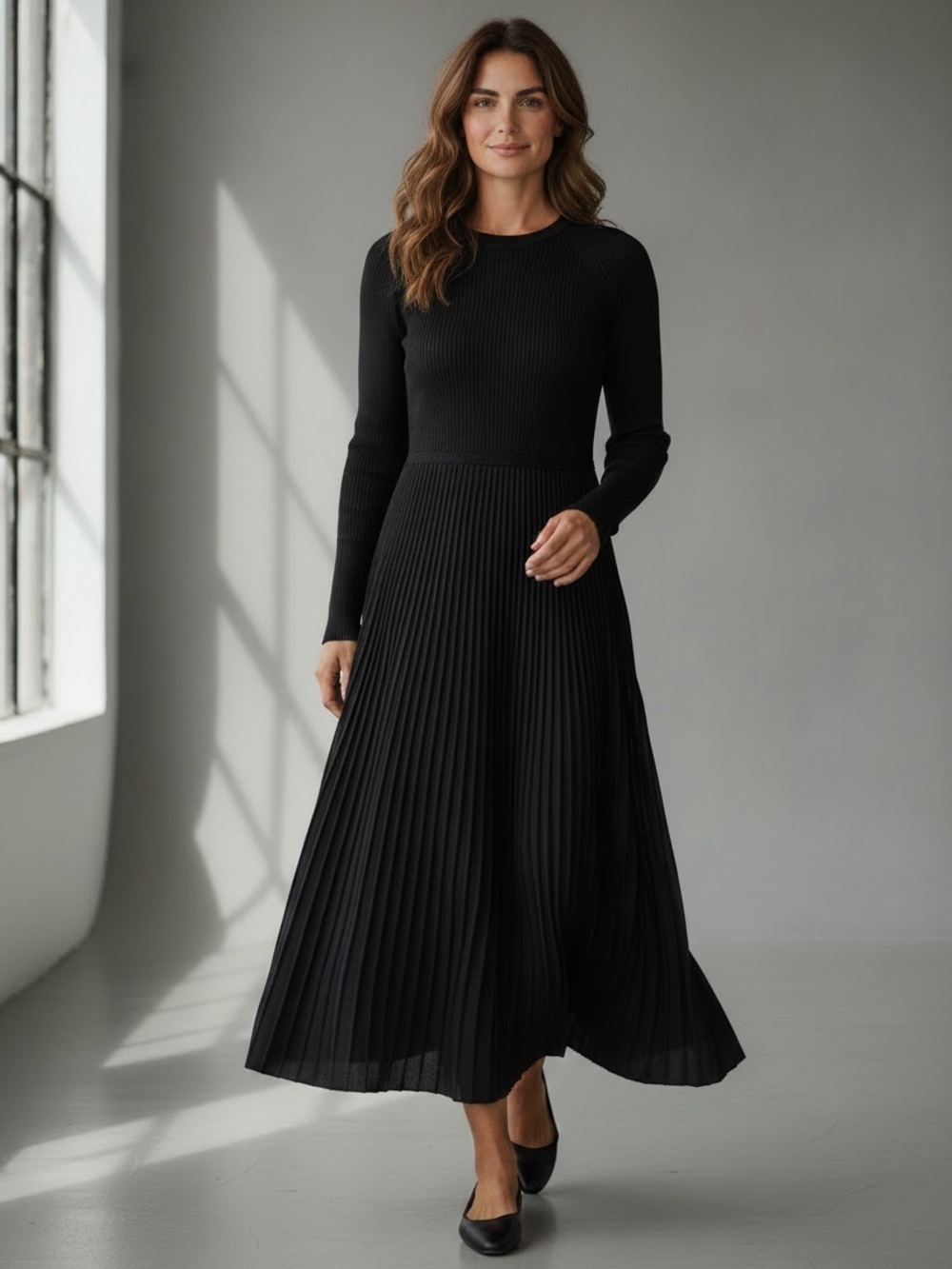 Express Black Long Sleeve Pleated Knit Midi Dress